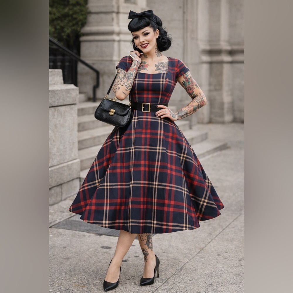 PUKAVT Women's Cocktail Party Dress Cap Sleeve 50s Retro Swing Dress Pockets L